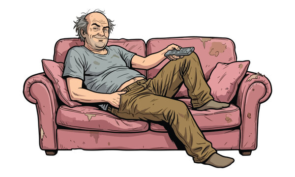 Couch potato man relaxing on worn sofa with remote control