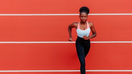 Obraz premium Focused and athletic a Black woman in sportswear runs with powerful motion along a red track marked by white lines embodying fitness and determination