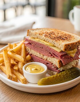 Classic Reuben Sandwich with French Fries and Pickle.