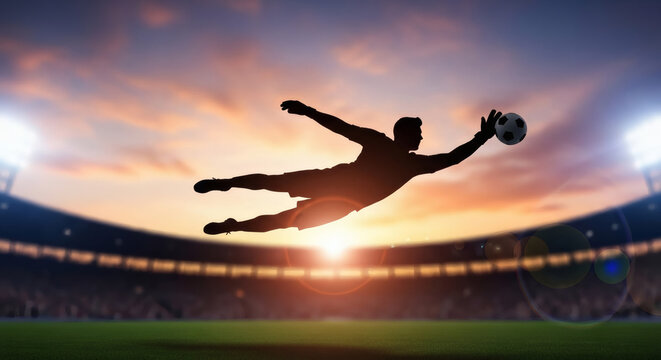 Goalkeeper Diving Save in Soccer Stadium at Sunset With Dramatic Silhouette and Lens Flare