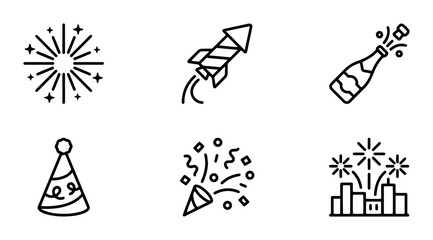 Fototapeta premium Celebration Icons: Fireworks, Rocket, Champagne Bottle, Party Hat, Confetti Popper, City Fireworks Set