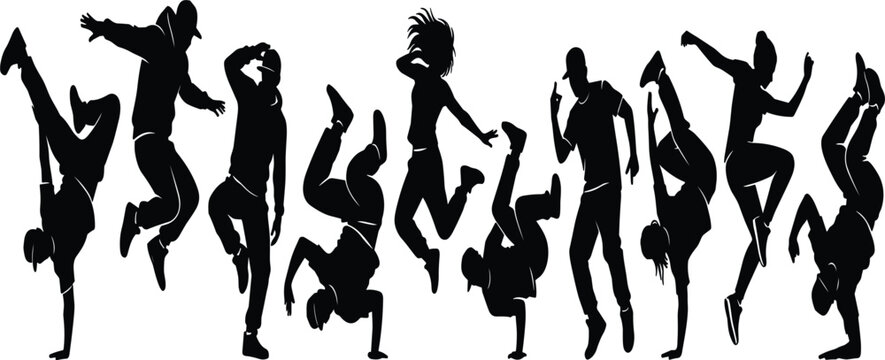 Street Dance and Breakdancing Silhouette Collection with Hip Hop Dancers Performing Handstands Jumps freezes and Dynamic Bboy Poses for Music Concert Event Graphic Designs