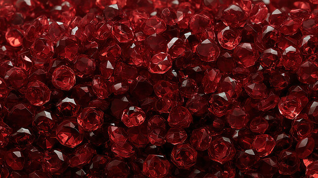 Close-up of numerous shiny red gemstones or rhiones arranged in a dense pattern with vibrant color and reflective surfaces