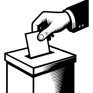 Casting a Vote: A formal hand in a suit casts a ballot into a ballot box, representing the fundamental act of democratic participation and civic duty.