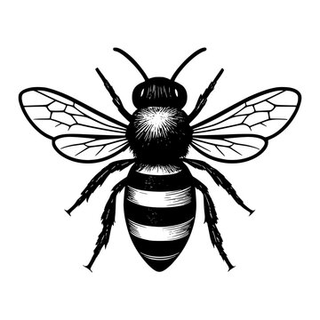 Striking Bee Illustration: A detailed black and white illustration of a bee, showcasing its intricate wings, segmented body, and antennae.