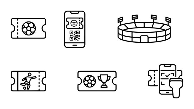 Soccer Match Tickets, Stadium, and Mobile Entry Icons: Sports Event Access and Fan Experience Graphics