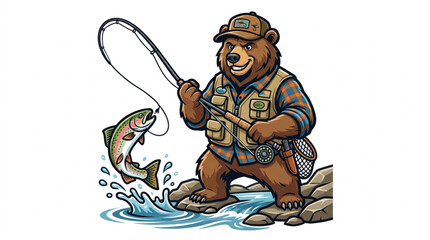 Obraz premium Cartoon Trout Fishing Expert Standing in River with Big Catch