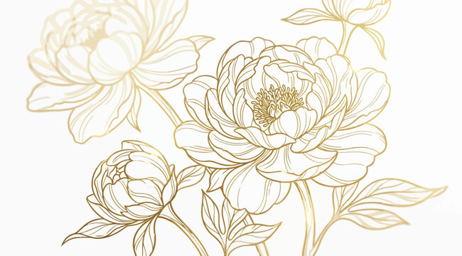 Beautiful golden line art of a peony flower bouquet
