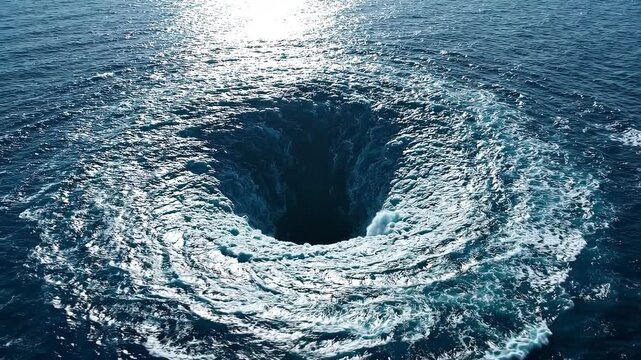 Large Ocean Whirlpool Vortex Swirling in Deep Blue Sea Water