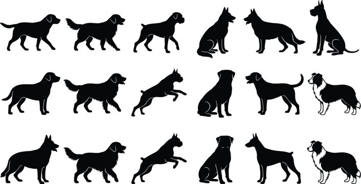 Dog breeds silhouette vector set featuring various purebred canines in standing sitting and action poses isolated on white background