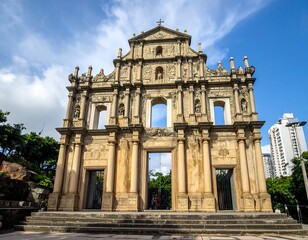 Fototapeta premium A historic stone building with ornate facade stands against blue sky with white clouds