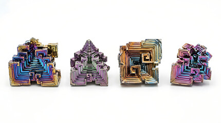 Naklejka premium Four Vibrant Iridescent Bismuth Crystal Structures Isolated on a Clean White Background