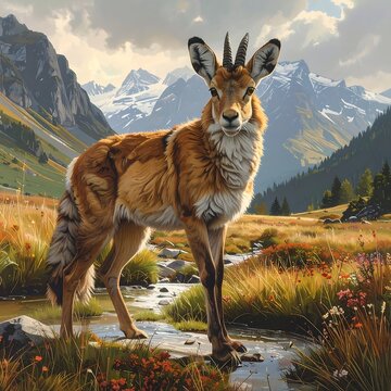 A jackrabbit stands on a rock in a mountain meadow with a stream