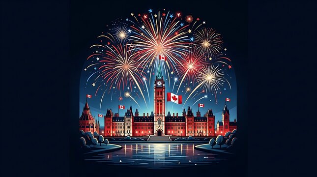 Canada Day Fireworks Over Parliament Hill in Ottawa Illustration