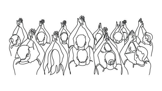 Continuous line art illustration of a crowd of people clapping hands.