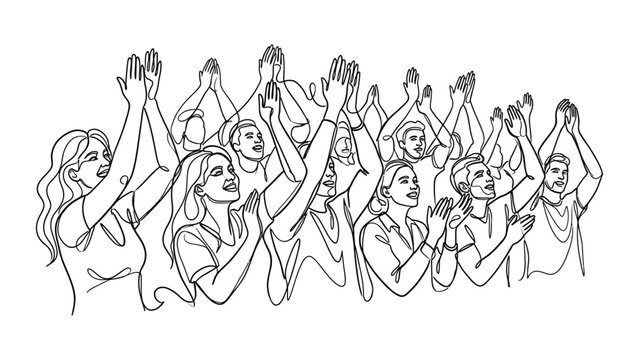Continuous line drawing of a happy diverse crowd of people clapping hands.