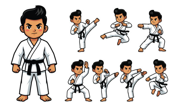Karate Boy Character Mascot Set in Martial Arts Poses