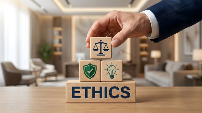 Corporate governance and business ethics concept hand placing justice scales block on wooden pyramid with ETHICS text compliance officer background