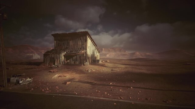 abandoned wooden shack desert dusk, stormy sky looms cracked porch, scattered debris, windswept sand, distant mesas, cinematic grain, haunting atmosphere