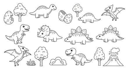 Collection of various cartoon dinosaurs and prehistoric elements for childrens coloring books. © dada