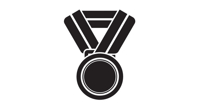 Black silhouette of a medal with ribbon on a white background
