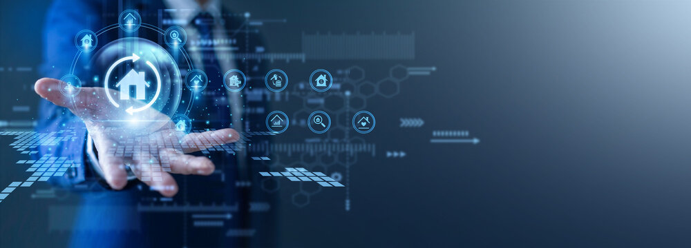 Property broker closes sales. Agent with a glow the hand Real Estate network screen. Virtual property tours and market analytics help clients find perfect homes in the competitive market.