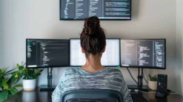 Focused professional works at a clean modern home office desk with multiple computer monitors displaying software code and data