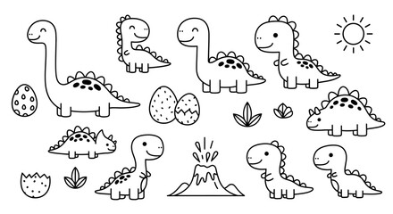 Cute Cartoon Dinosaurs and Prehistoric Elements Outline Set. © dada