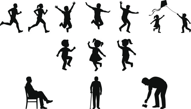 Multi generational family silhouettes bundle featuring active running adults jumping children playing with a kite and elderly senior citizens vector graphic