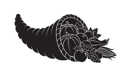 Cornucopia Silhouette With Fruits And Vegetables On White Background © MD