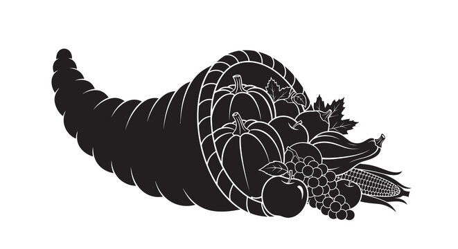 Cornucopia Silhouette With Fruits And Vegetables On White Background
