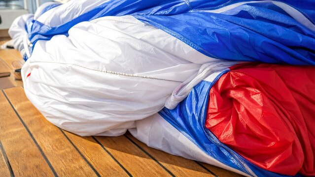 Folded nylon spinnaker sail on wooden deck, colorful textures.