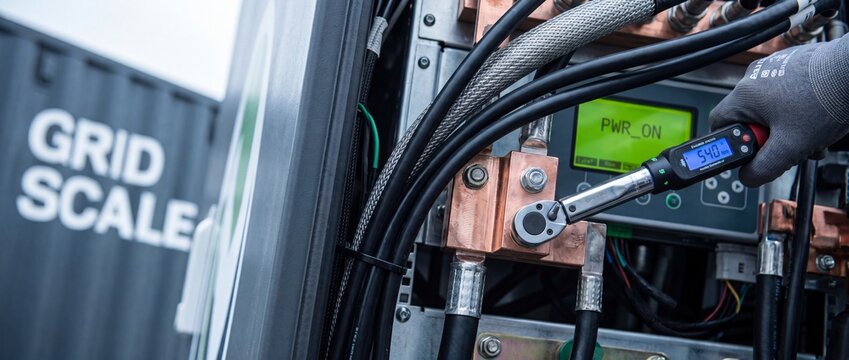 Grid scale battery maintenance electrician tightening copper busbar bolt with digital torque wrench on industrial energy storage system power distribution hub during commissioning installation.