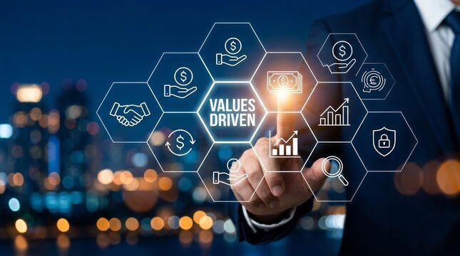 Values driven marketing concept with digital icons for customer centric strategies.