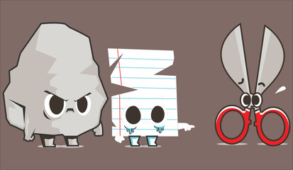 Funny rock paper scissors cartoon characters, cute hand game mascot vector illustration, playful game theory concept art with expressive faces © md