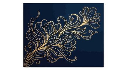 Elegant gold floral flourish on dark blue background, ornate botanical swirl design element, luxury vintage filigree ornament, decorative calligraphic motif for wedding invitations and greeting cards © Saharia