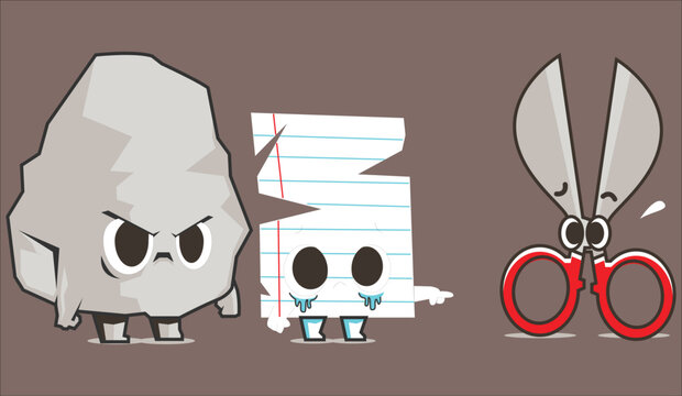 Funny rock paper scissors cartoon characters, cute hand game mascot vector illustration, playful game theory concept art with expressive faces