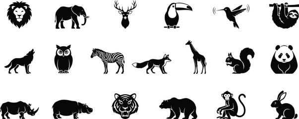 Fototapeta premium Featuring various wild animals and forest creatures' vector icons set on white background