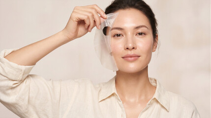Naklejka premium Woman applying a sheet mask to her face, skincare routine, beauty and selfcare concept, healthy glowing skin, portrait of a woman