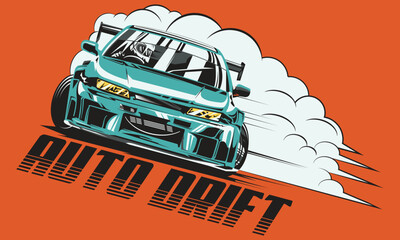 Auto Drift racing car vector illustration, turquoise sports car drifting with smoke clouds, automotive t-shirt design on orange background © md