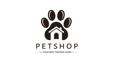 Fototapeta na wymiar Petshop logo with paw print and house icon representing a home for pets.