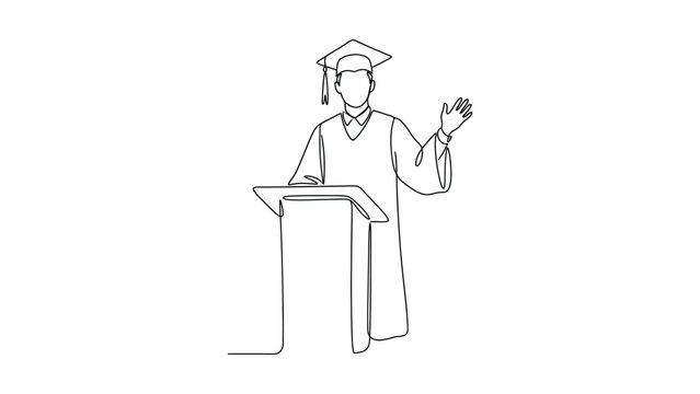 Continuous line drawing of a graduate student giving a speech at a podium.