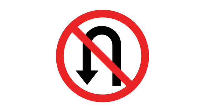 Red circle no U-turn traffic sign isolated on white background.