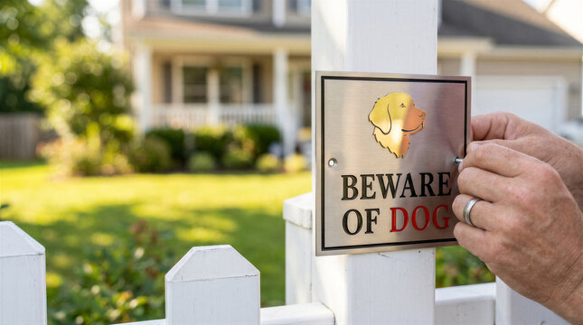 A person installing a metal beware of dog sign with a golden retriever silhouette on a white picket fence in front of a house