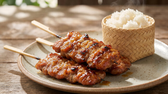 Thai grilled pork skewers moo ping served with sticky rice in a traditional bamboo basket on a rustic wooden table