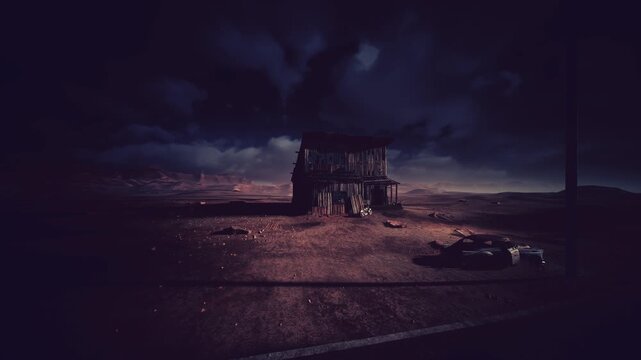 Stormy dusk desert with abandoned shack, ominous clouds gather over cracked earth and scattered wreckage, dim ember glow hints at past fire, derelict outpost