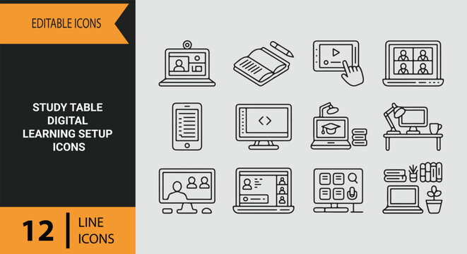 Study Table Digital Learning Setup Outline Icons for Online Education