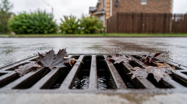 Closeup of a storm drain grate on a wet asphalt street with fallen autumn leaves during a rainy day in a residential neighborhood