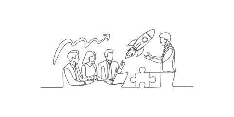 Fototapeta premium A line drawing of a group of business people working together on a laptop with a rocket ship launching