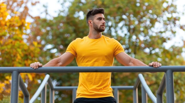 Athletic man with a beard wearing a yellow t shirt rests on outdoor parallel bars during an autumn day surrounded by blurred trees and leaves
